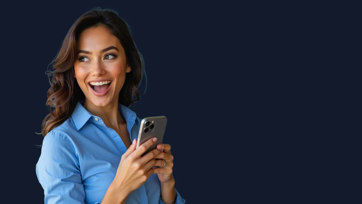 Mulher com o celular na mão sobre fundo azul-escuro, ilustrando a recuperação de senha da TopX