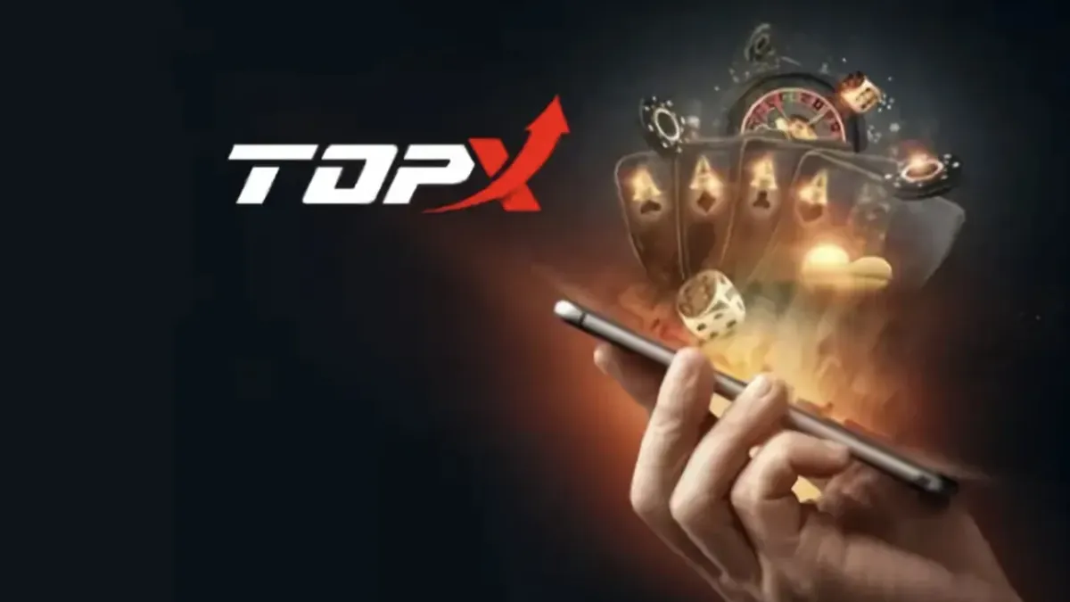Celular na mão com tela iluminada, ilustração do login da TopX pelo telefone